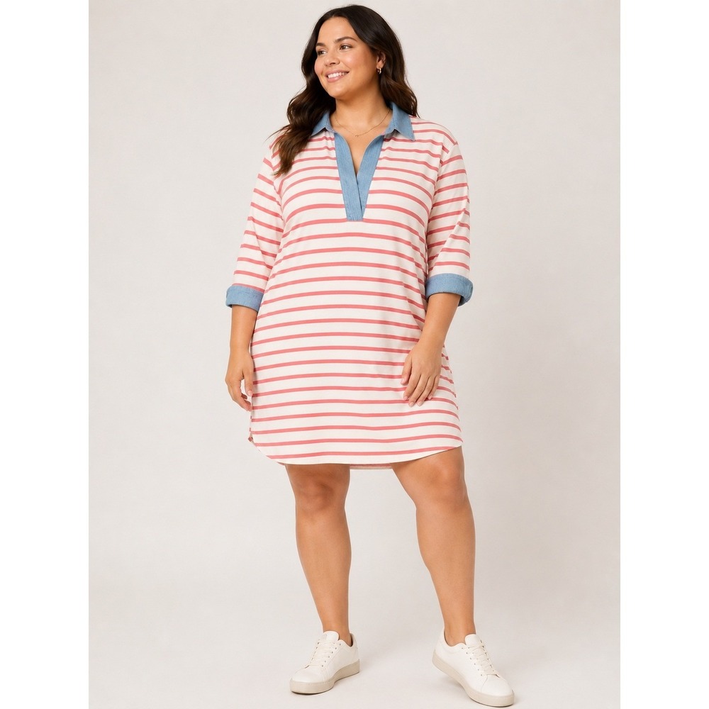 Southern Tide Womens XL Carolena Striped Shirt Dress Chambray Collar Pink White